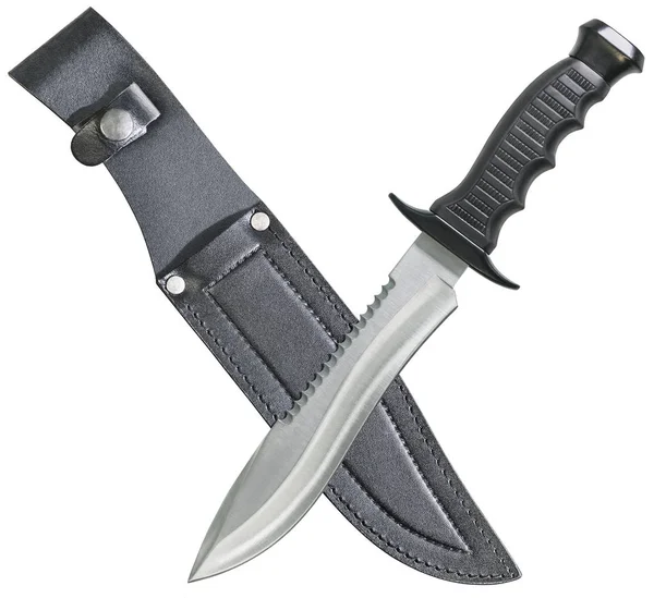 Cuchillo Bowie de supervivencia táctico de caza de combate con vaina de cuero negro aislado sobre fondo blanco — Foto de Stock