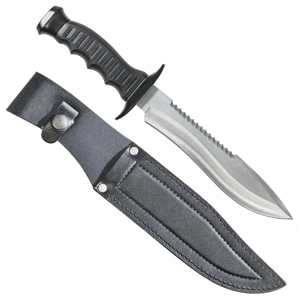 Тактичний бойовий мисливський ніж Бові з чорною шкіряною оболонкою ізольовано на білому тлі — стокове фото