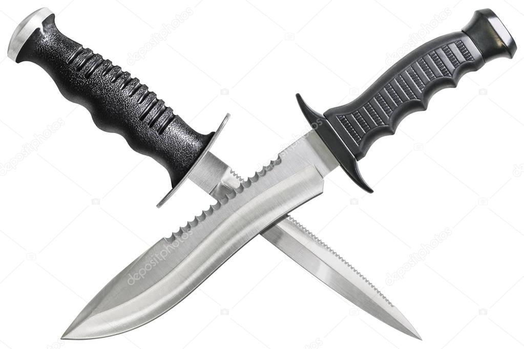 Combat Hunting Survival Sawback Bowie Knife Crossed With Tapering Sharp Point Serrated Dive Dagger Isolated On White Background