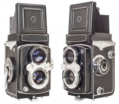 İki aynı eski ikiz yapmak refleks beyaz arka plan üzerinde izole Kamera Lens