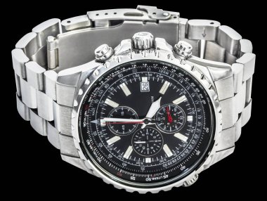 Spor elektronik Chronograph Siyah kadran ve siyah arka plan üzerine izole paslanmaz çelik bant