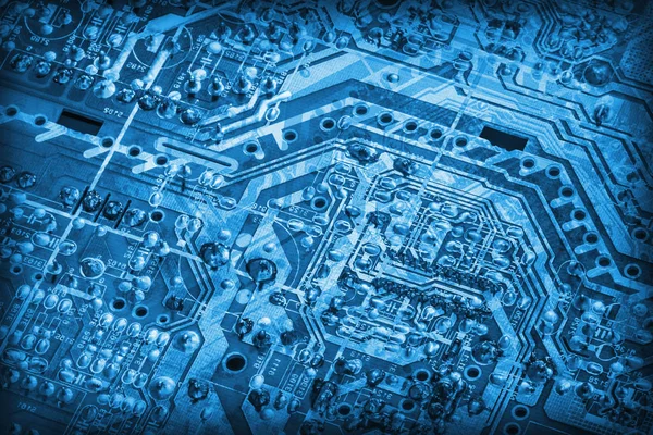 Dark Marine Blue Microcircuit Motherboard Detail Monochrome Vign — Stock Photo, Image