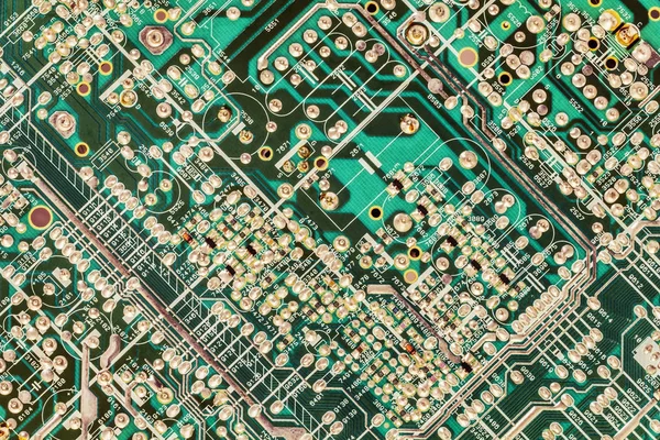 Photograph of Computer Microcircuit Motherboard Detail Green Background — Stock Photo, Image