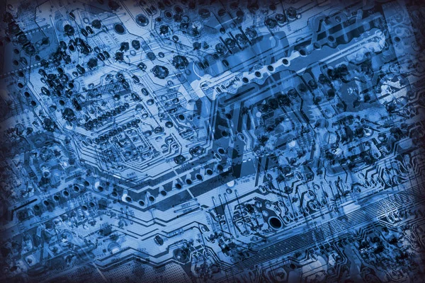 Microcircuit Board Detail Monochrome Dark Marine Blue Vignette B