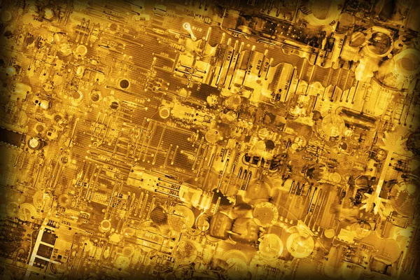 Circuit Board Monochrome Gold Colored Vignette Background — Stock Photo, Image