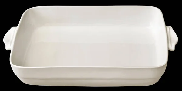 Caçarola cerâmica branca assadeira isolada em fundo preto — Fotografia de Stock