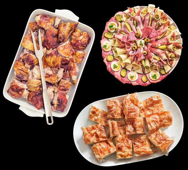 High resolution samples of freshly Spit Roasted Pork Meat and traditional Crumpled Cheese Pie slices with garnished Appetizer Savory Dish, Isolated On Black Background.