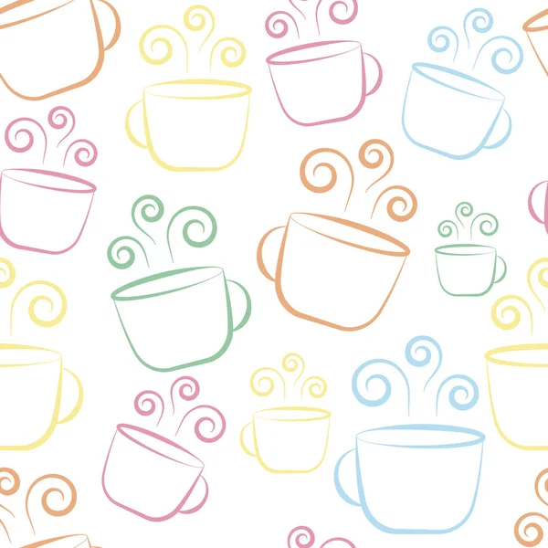 Leuke kleurrijke koffie kopje naadloze patroon op witte achtergrond — Stockvector