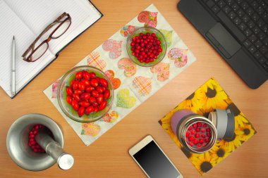 tentürler köpek rose ve alıç, telefon, gözlük ve kitap hazırlanması