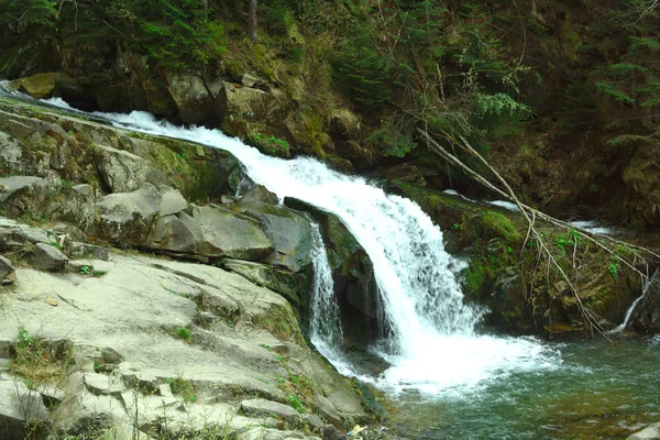 Río de montaña en el desfiladero, rutas de senderismo de verano, tormentoso arroyo — Foto de Stock