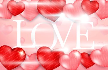 Sevgililer Günü arkaplanında 3D kalp var. Vektör çizimi. Sevimli aşk afişi ya da tebrik kartı. Hediye çeki promosyon şablonu