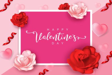 Pembe Sevgililer Günü arkaplanında 3 boyutlu kalpler var. Vektör çizimi. Sevimli aşk afişi ya da tebrik kartı