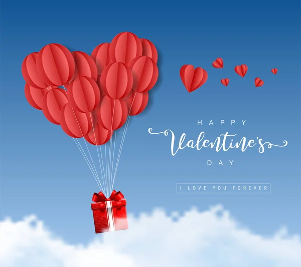 Happy Valentines Day Origami Paper Balloons Hearts Gift Box Clouds — Stock Vector