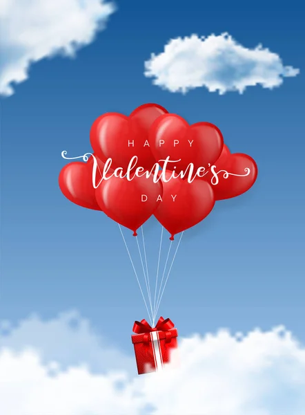 Happy Valentines Day Origami Paper Balloons Hearts Gift Box Clouds — Stock Vector