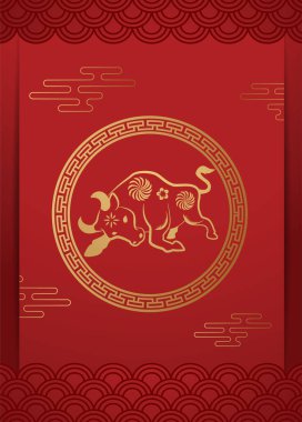 2021 Çin Yeni Yıl tebrik kartı. Kağıt kesikli Zodiac tabelası. Öküz yılı. Altın ve kırmızı süs. Bayram afiş şablonu, dekor ögesi kavramı. Çeviri: mutlu Çin Yeni Yılı 2021, 
