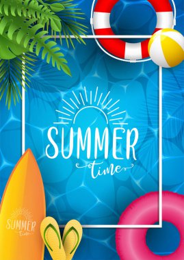 Yaz deniz posteri. Derin sualtı okyanus manzaralı vektör çizimi. Gerçekçi bulutlar ve 3D yazı içeren arkaplan