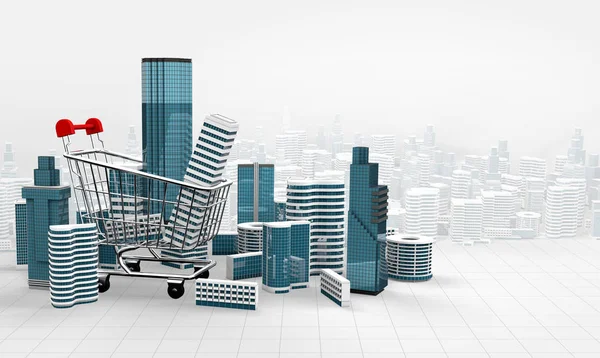 Carrito de la compra rascacielos modernos en el negocio 3d render — Foto de Stock