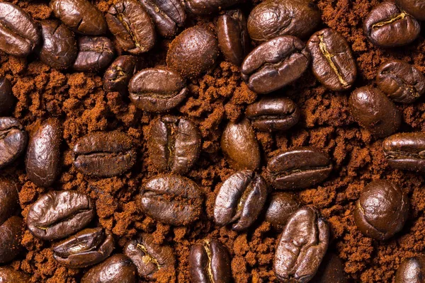 Rostade kaffebönor och pulver — Stockfoto