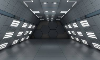 Akıllı modern gelecekteki arka plan bilim kurgu ışık Oda, koyu gri yol açtı. 