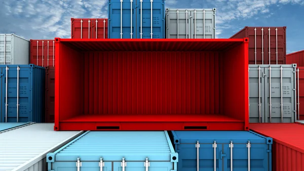 Hele zijkant en lege rode container bij vrachtschip — Stockfoto