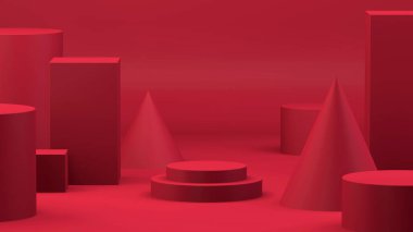 Merkezde kırmızı soyut geometrik asgari arkaplan ve daire silindir sahnesi, 3d oluşturma