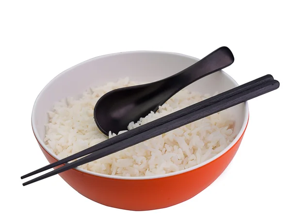 Bowl full of rice on white — Stock Photo, Image