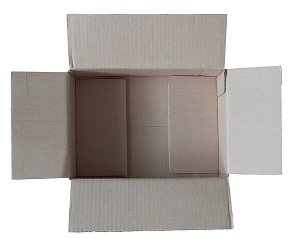 Buka kotak karton coklat yang terisolasi pada latar belakang putih . — Stok Foto