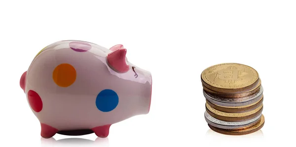 Golden bitcoin coin in piggy bank. — Stock Photo, Image