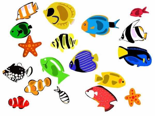 Ένα σετ από ψάρια κινουμένων σχεδίων. Συλλογή από χαριτωμένα χρωματιστά ψάρια. — Φωτογραφία Αρχείου