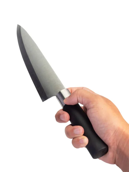 Duży Nóż Kuchenny Ręku Człowieka Odizolowany Białym Tle Ścieżkę Wycinania — Zdjęcie stockowe
