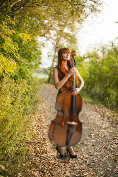 Hermosa Mujer Tocando Música Músico Mujer Pie Contra Bosque Otoño — Foto de Stock