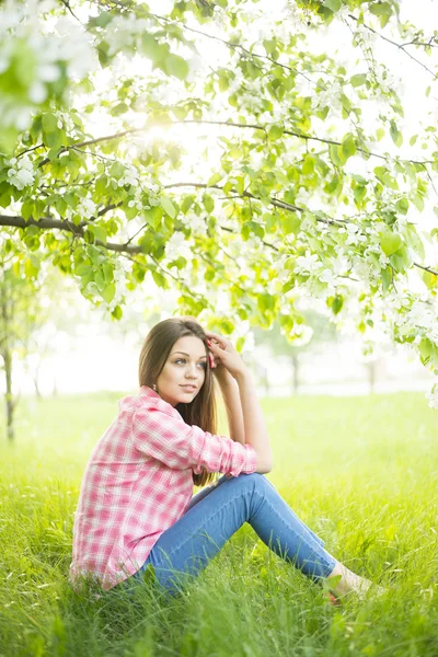 Chica sentado bajo blomming árbol — Foto de Stock