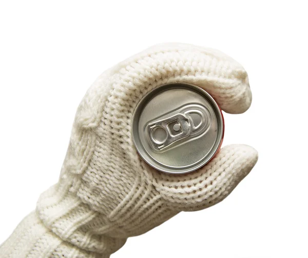 Hand with a closed metal can. — Stock Photo, Image
