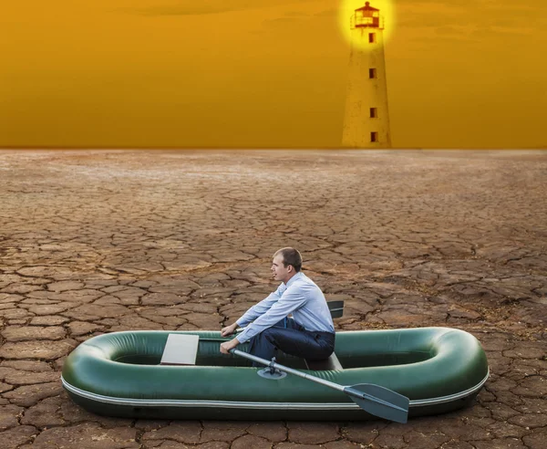 Business man in boat  on crack soil and bright lighthouse as  future symbol of  crisis