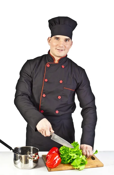 Portret Van Cook Snijden Groenten Salade Keuken — Stockfoto