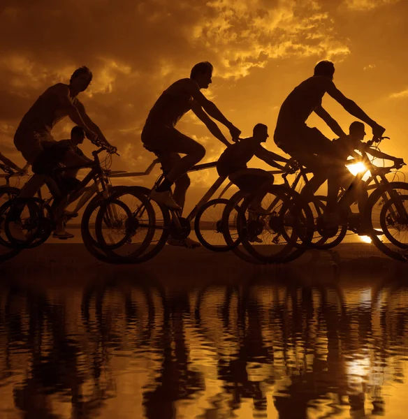 Dunkle Silhouetten sportlicher Freunde auf Fahrrädern — Stockfoto