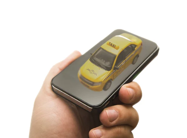 Hand hält Smartphone mit Zeichen des Taxis — Stockfoto
