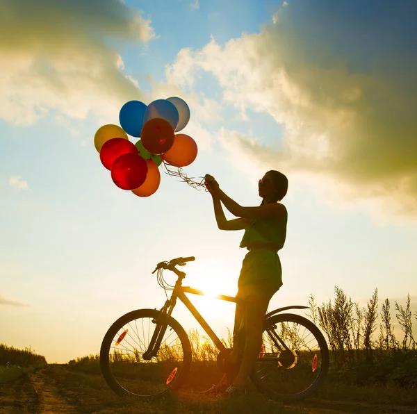 Jeune Fille Robe Sexy Équitation Vélo Volant Ballons Air — Photo
