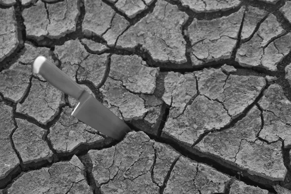 Cuchillo en suelo seco agrietado —  Fotos de Stock