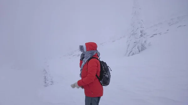 年轻女子走在雪山 — 图库照片