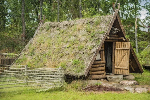 Casa de madera con hierba verde — Foto de Stock