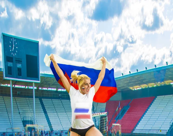 Girl holding  in hand Russian flag. — Stock Photo, Image