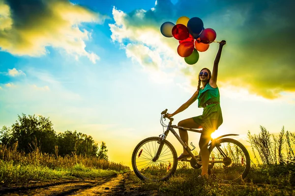 Young Girl Sexy Dress Riding Bicycle Flying Air Balloons — Stock Photo, Image