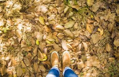 dostum ayakta üzerinde sonbahar yaprakları