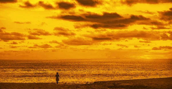 Silhouetten Van Vrouw Zoek Zee Bij Zonsondergang Achtergrond — Stockfoto