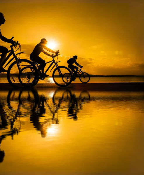 Κενό Διάστημα Αθλητικοί Φίλοι Ποδήλατα Ηλιοβασίλεμα Ποδηλάτες Κατά Μήκος Της — Φωτογραφία Αρχείου