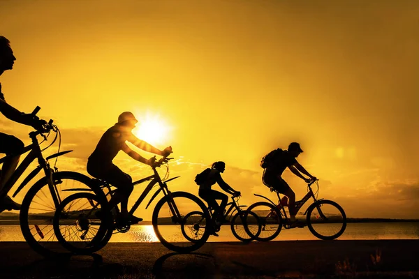 Leerer Raum Sportliche Freunde Auf Fahrrädern Bei Sonnenuntergang Radfahrer Die — Stockfoto