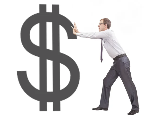 Young Modern Businessman Pushing Dollar Sign Isolated — Stock Photo, Image