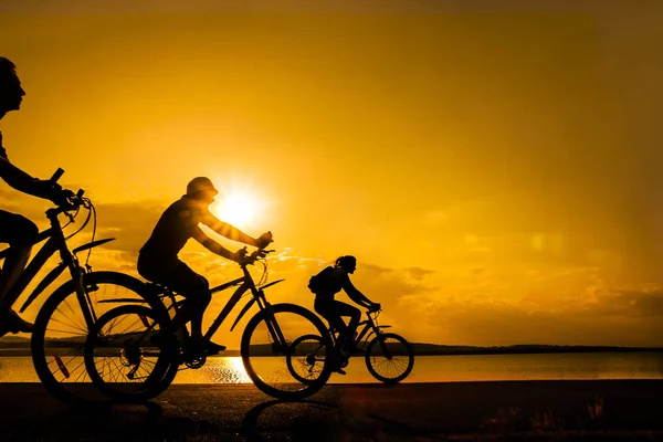 Leerer Raum Sportliche Freunde Auf Fahrrädern Bei Sonnenuntergang Radfahrer Die — Stockfoto