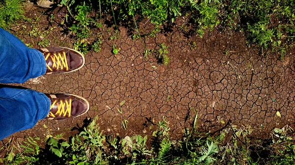 Pieds en chaussures de randonnée marron — Photo